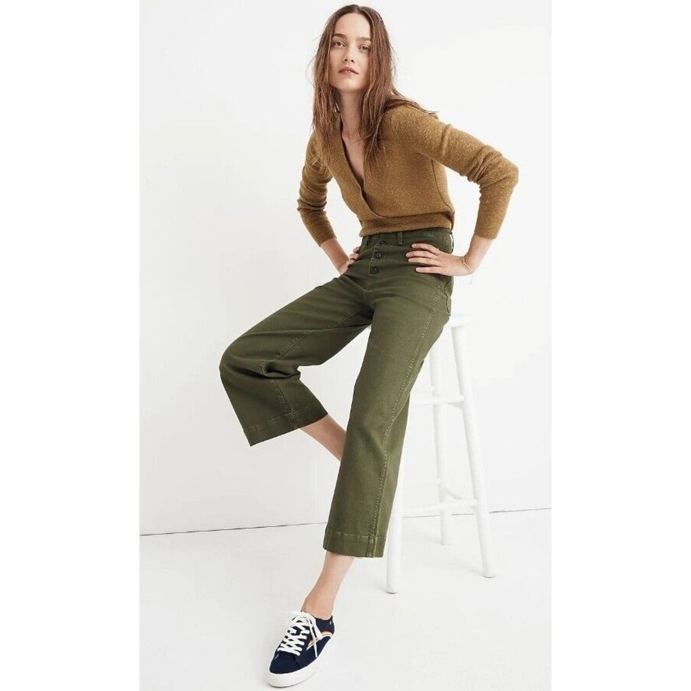 Madewell Emmett Wide-Leg Crop Pants Button Front Edition in Olive Green Size 24